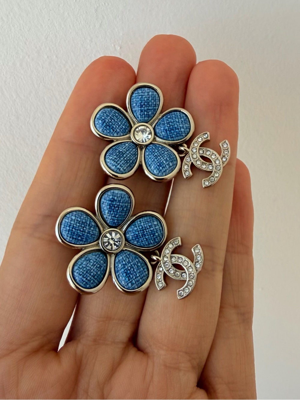 🩵CHANEL Blue Flower CC Drop Earrings with Crystal Centers💙
